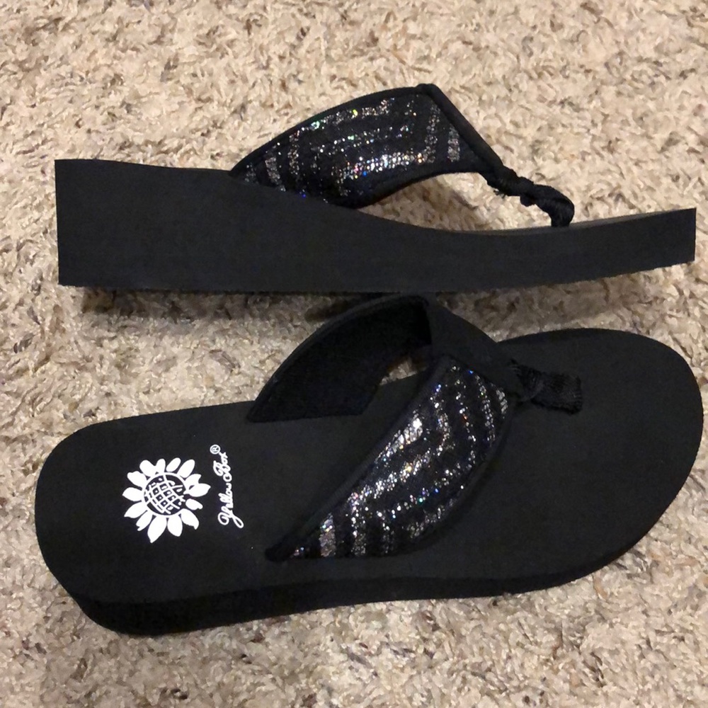 Yellow box wedge flip flops